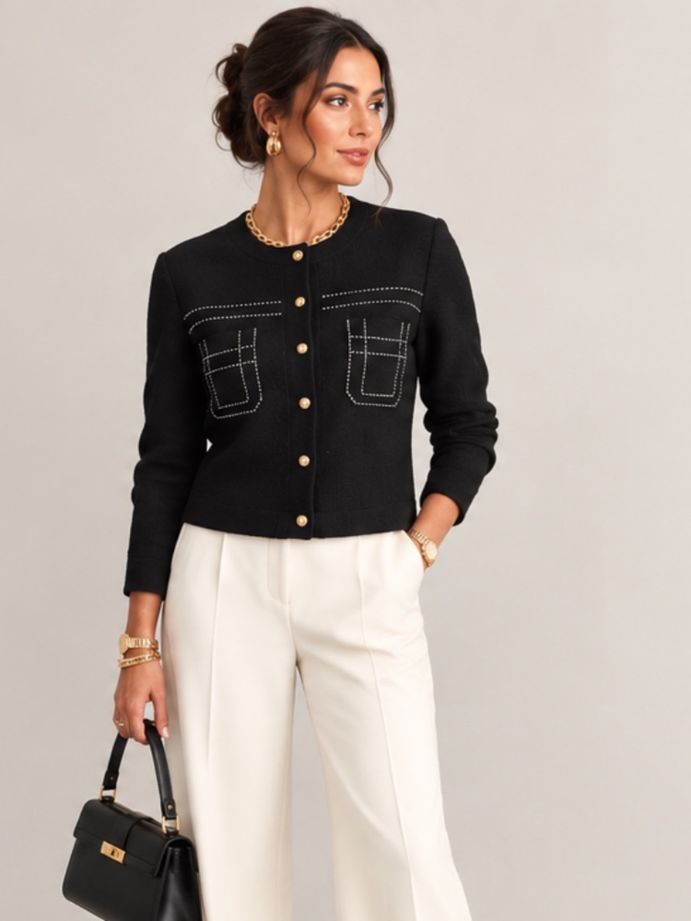 Clean girl,Classic black cardigan gold buttons, quiet luxury, 90’s chic